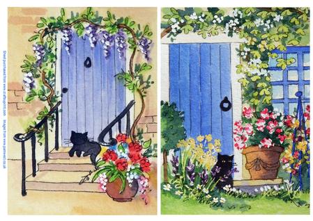 2 Paintings of Black Cats with Blue Cottage Doors