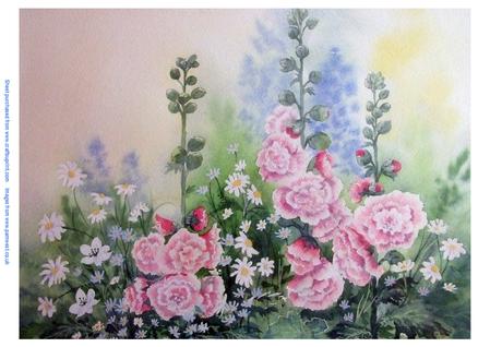 Hollyhocks and Daisies, Original Watercolour