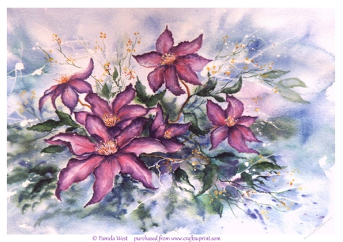 Purple Clematis. An original watercolour. Card topper /designer resource