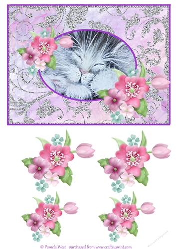 Sleeping Kitten With Flowers, card topper with floral decoupage