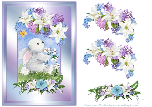 Rabbit Butterfly and flowers, card topper with floral decoupage