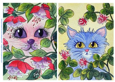 Pink Cat and Blue Cat - Original Watercolour Paintings.