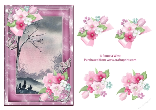 Sunset with Rabbits, card topper with floral decoupage