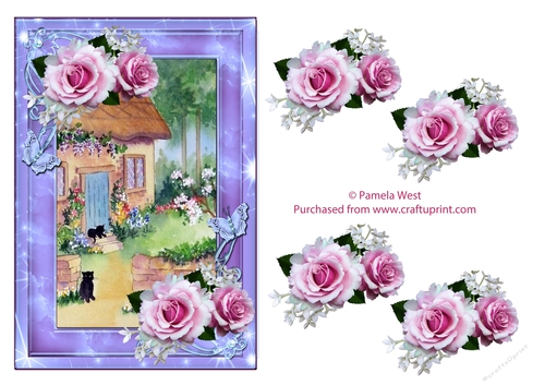Cottage and Cats, card topper with floral decoupage