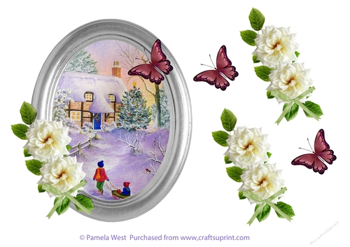 Winter cottages with flowers and butterflies decoupage