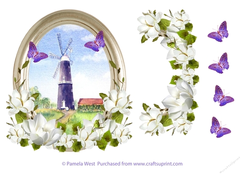WIndmill with flowers and butterflies decoupage