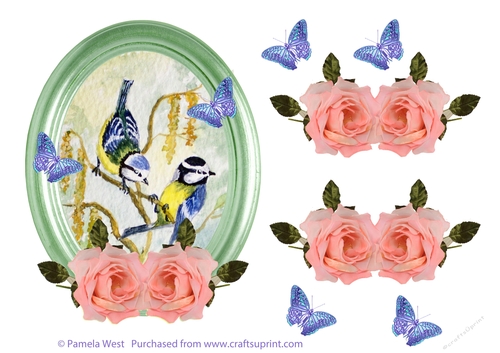 Bluetits with flowers and butterflies decoupage