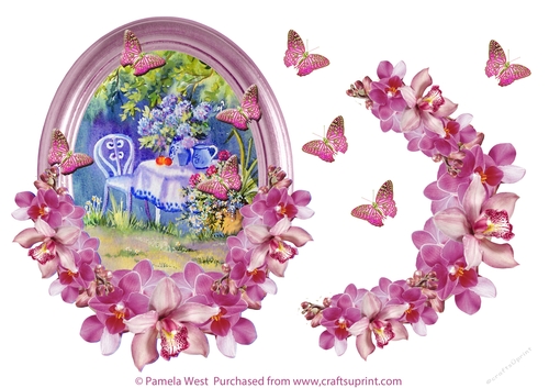 Tea in the garden with flowers and butterflies decoupage