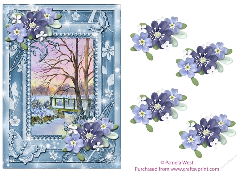 Winter Sunset Card front with floral decoupage