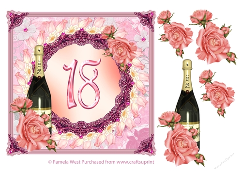 18th Birthday card with roses and champagne bottle decoupage