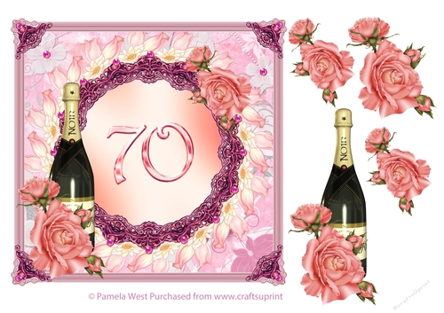 70th Birthday or anniversary card with roses and Champagne bottle decoupage