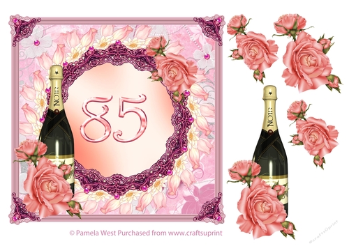 85th Birthday or anniversary card with roses and Champagne bottle decoupage