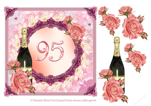 95th Birthday or anniversary card with roses and Champagne bottle decoupage