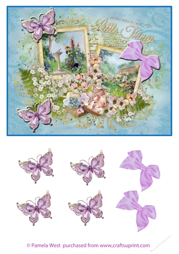 Vintage Remember the Little things card topper with decoupage butterflies and bows