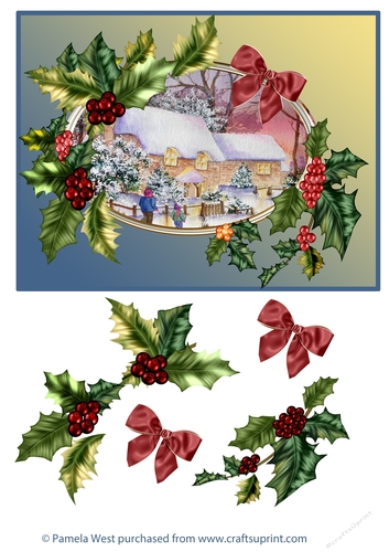 Christmas cottages card topper with Holly and bow  decoupage