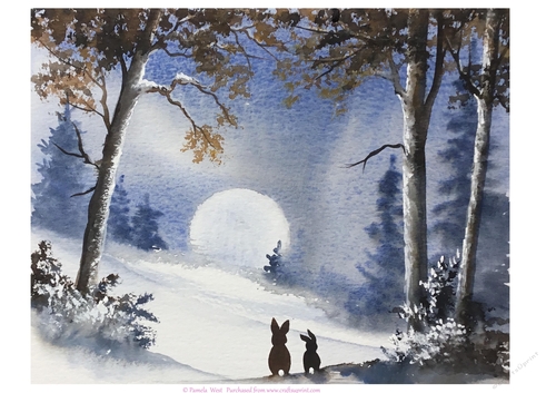 Big Moon and Rabbits. An original watercolour painting for card toppers or designer resources