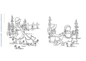 Girl Walking Dog and Teddy Bears Picnic Digi Stamps