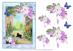 Cat and lilac flowers card topper with decoupage