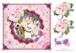 Westie in the garden with flowers and decoupage