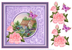 Cottage garden and roses. Card topper with floral decoupage