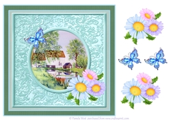 The Watermill. Card topper with butterflies and floral decoupage