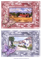 Oast Houses Kent and Cornwall scene. 2 Butterfly framed card toppers