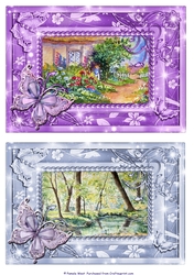 Cottage Garden and Woodland Stream. 2 Butterfly framed card toppers