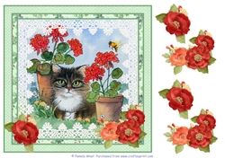 Cat and Geraniums 8 x 8 Card topper with floral decoupage