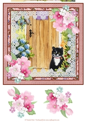 8x8 card topper Cat by the Door with floral decoupage