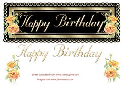 Happy Birthday Topper in Black and Gold with Yellow Rose