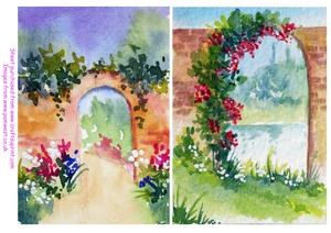 2 Original Watercolours Garden Arch and Through the Archway card topper/designer resource