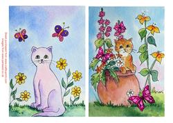 2 Origina Watercolours - Cats in the Garden