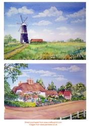 Windmill and Thatched Cottages. 2 Watercolour Toppers