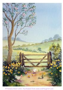 Chickens and Daffodils. Original Watercolour Painting
