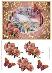 Cottages in Snow with Roses and Butterflies Decoupage