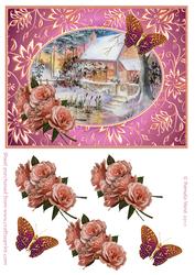 Winter Cottage with Roses and Butterflies Decoupage