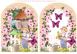 Archway with Flowers and Girl Gardening Decoupage
