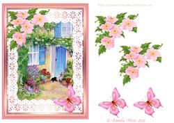 Cottage Garden with Black Cat and Butterflies Decoupage