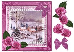 8x8 Winter Cottages in Snow with Roses Decoupage Sheet