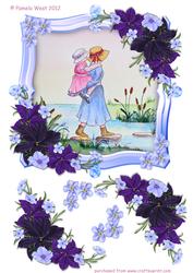 Crossing the Stream Watercolour with Blue Frame & Flowers