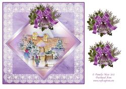 8x8 Christmas Cottages with Bells and Bow Decoupage