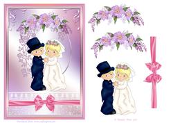 Cute Bride and Groom Wedding Card with Flowers Decoupage