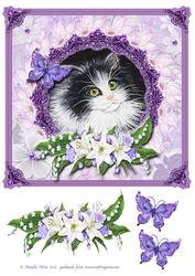 8x8 Black Kitten with Lilies and Butterflies Decoupage