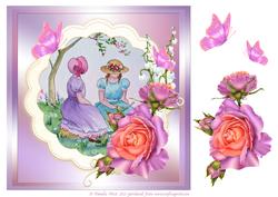 Reading a Book with Roses and Butterflies Decoupage Topper