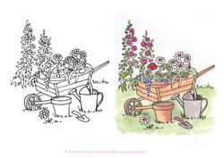 Digital Stamp Wheelbarrow with Coloured Version Too