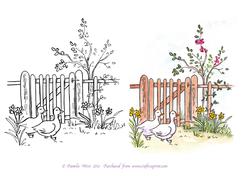 2 Geese Digital Stamp with Watercoloured Version