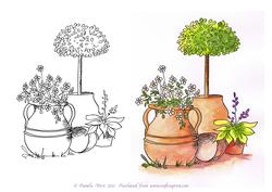 Pots and Topiary Digital Stamp with Watercolour Version as W