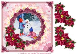 8 x 8 Building a Snowman & Pink Poinsettia Decoupage Topper