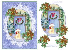 Puppy in the Snow by the Cottage Door Decoupage Topper