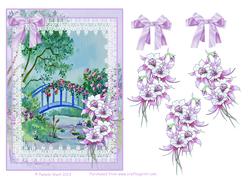 Blue Bridge and Aquilegia Decoupage Topper